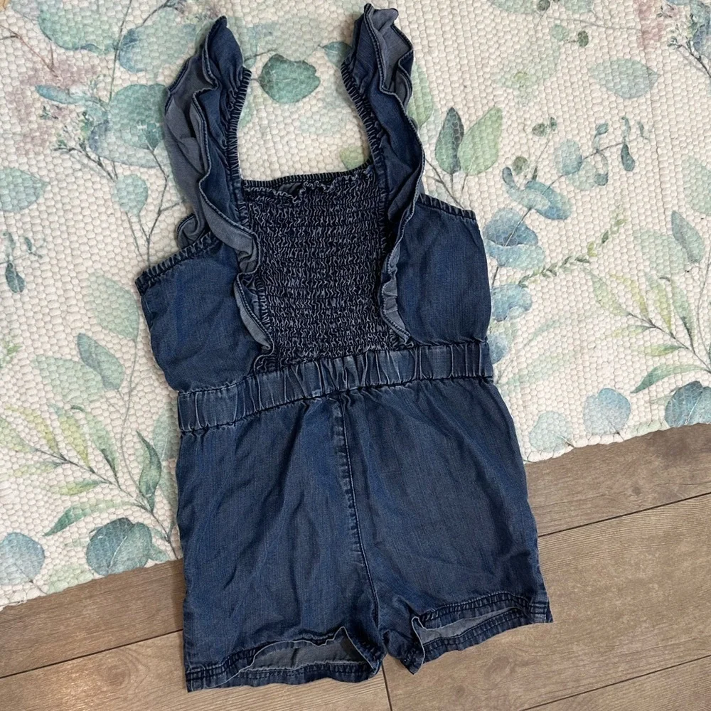 Vintage OshKosh B'gosh Toddler Girl Blue Denim Sleeveless Ruffle Smocked Romper